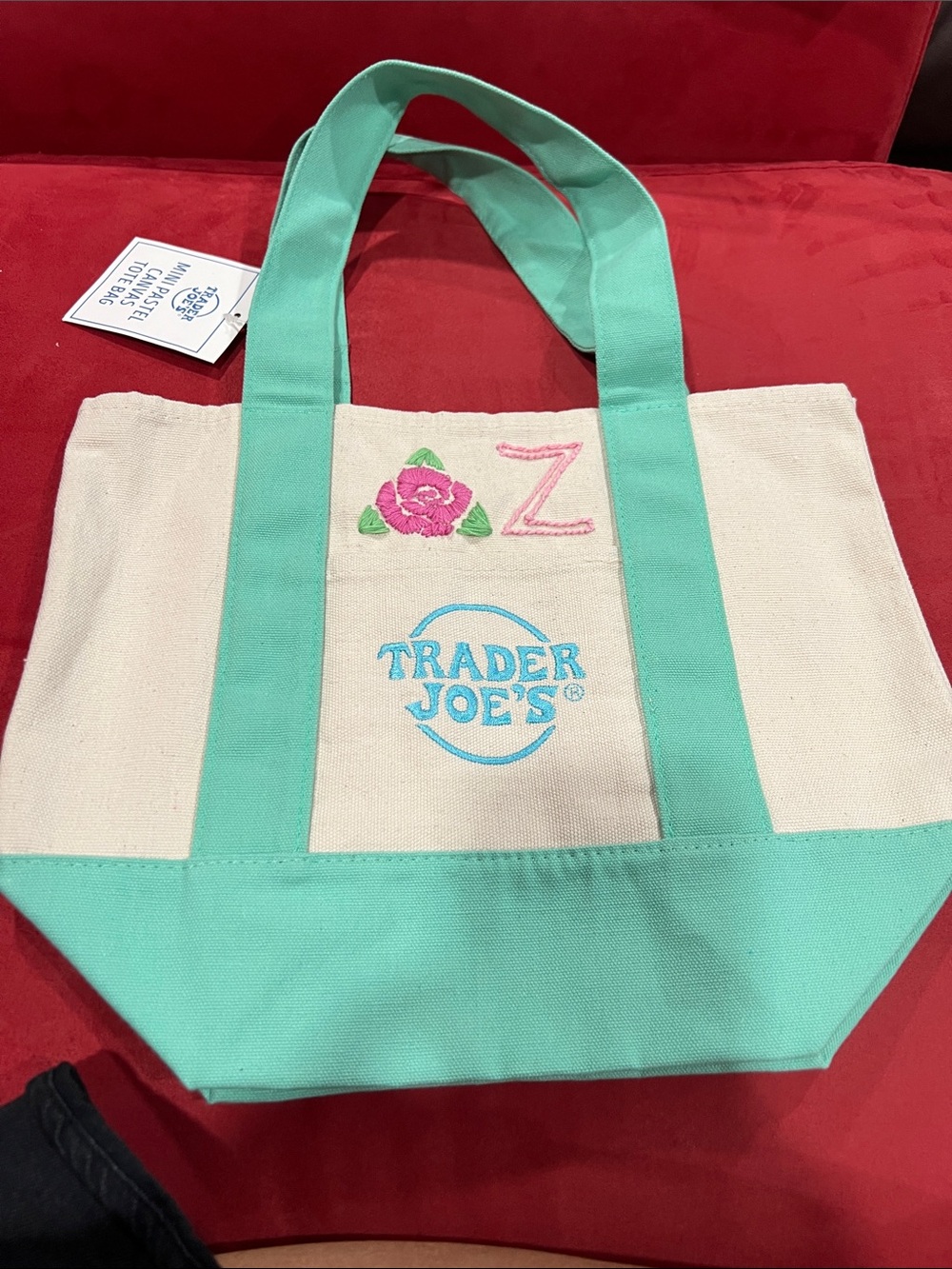 Delta Zeta embroidered on Trader Joe’s Canvas Tote Bag in Mint and Cream